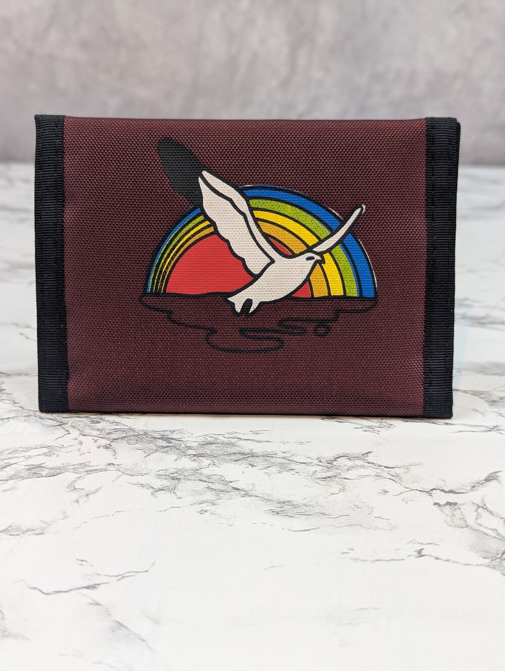VTG 80s Rainbow Seagull Nylon Velcro Wallet Retro Trifold Burgundy